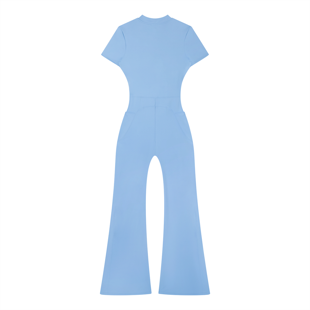Light blue jumpsuit with short sleeves and flared legs on a white background.