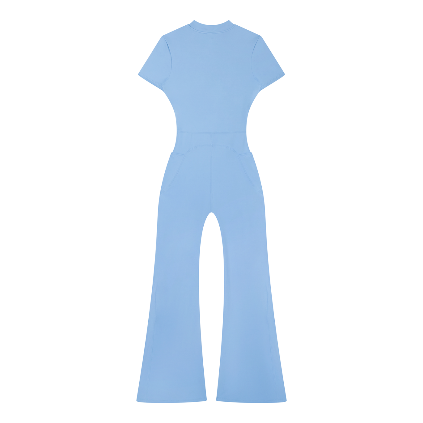 Light blue jumpsuit with short sleeves and flared legs on a white background.