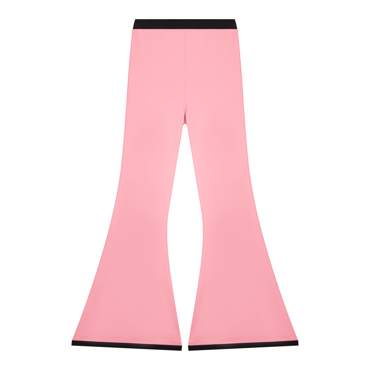 Pink flared pants with black waistband and cuffs on a white background.