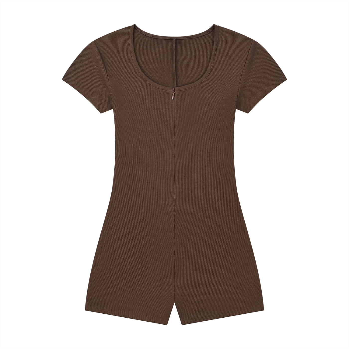 Brown short-sleeve romper with a scoop neckline and front zipper, laid flat.