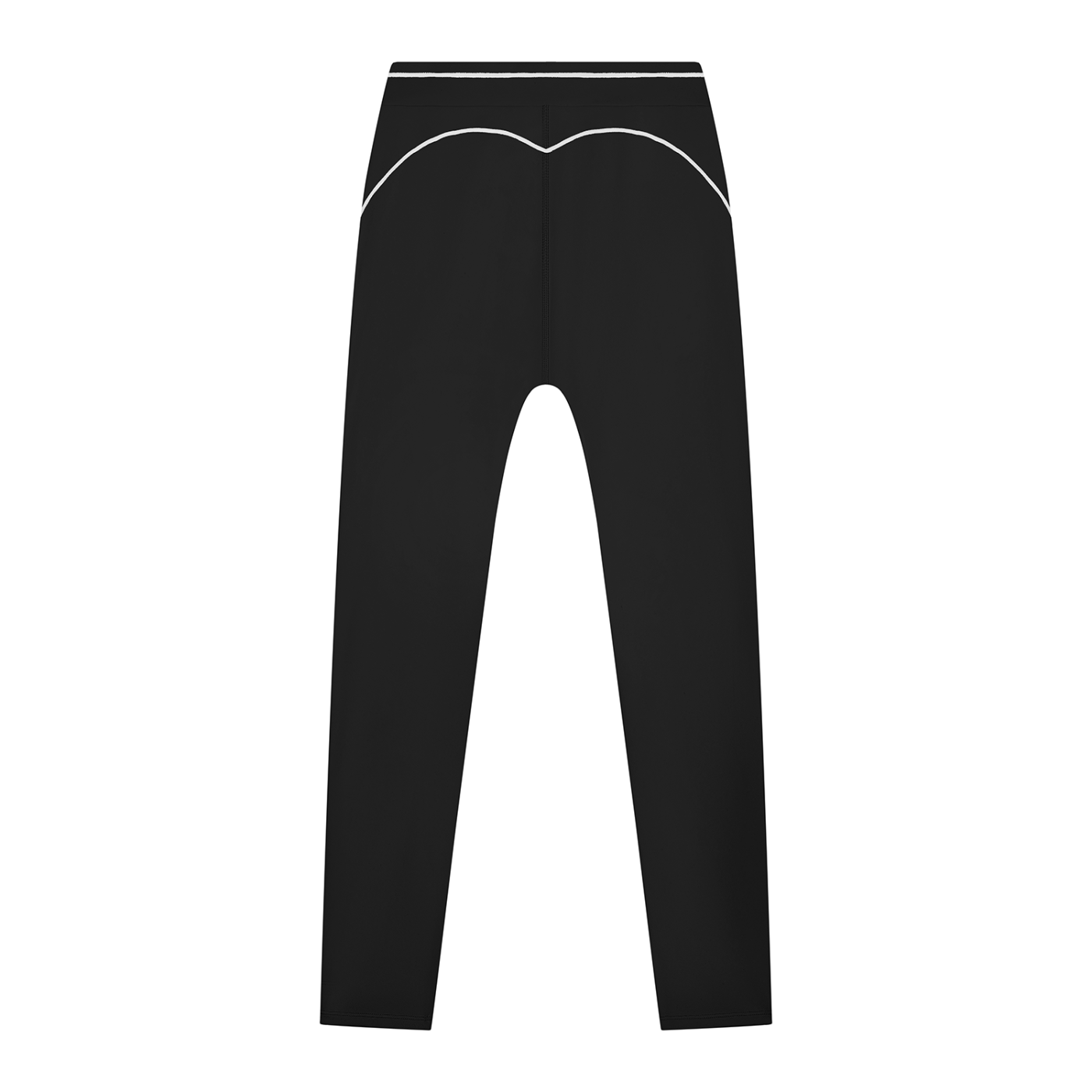 Black pants with white piping details, straight leg, viewed from the back.