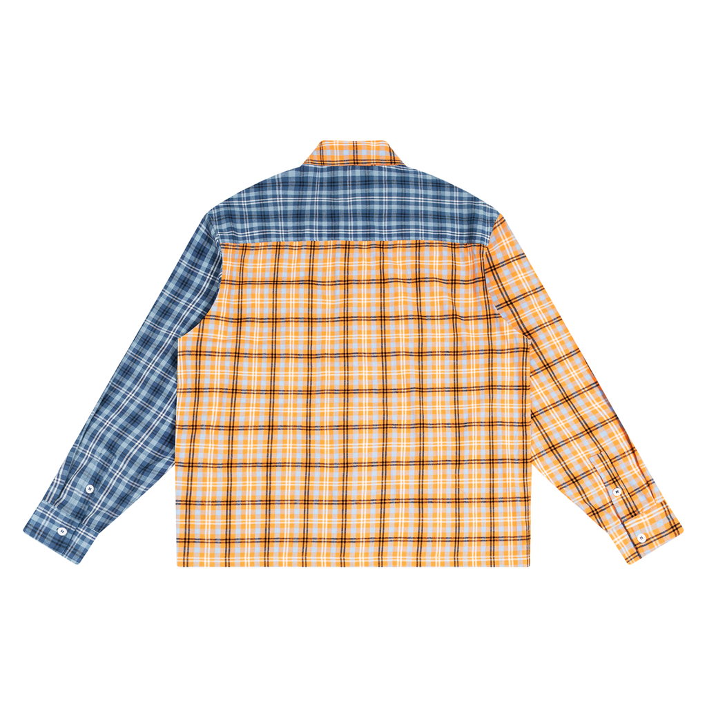 Plaid shirt with blue left sleeve, orange right sleeve, and checked body and back yoke.