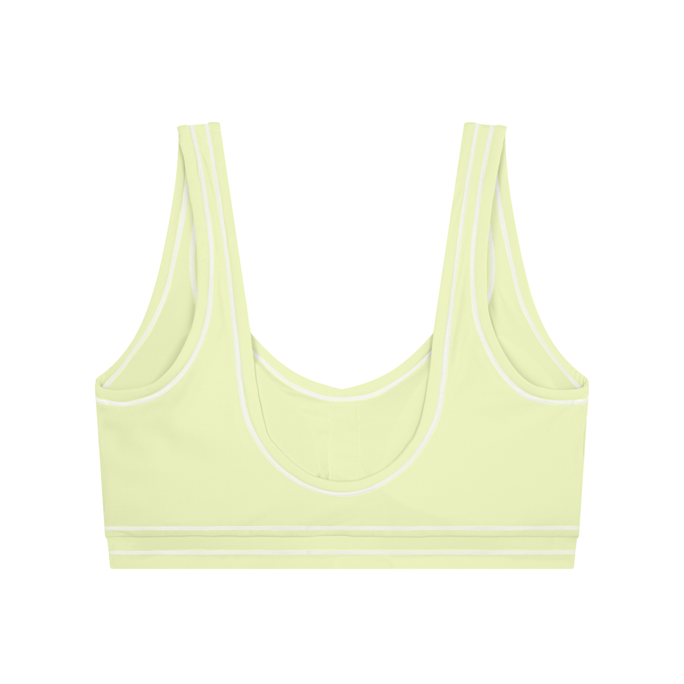 Light yellow sports bra with double straps and white trim on a white background.