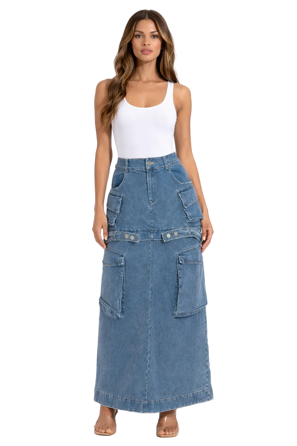 Woman in white tank top and long blue denim skirt with large pockets, standing on neutral background.