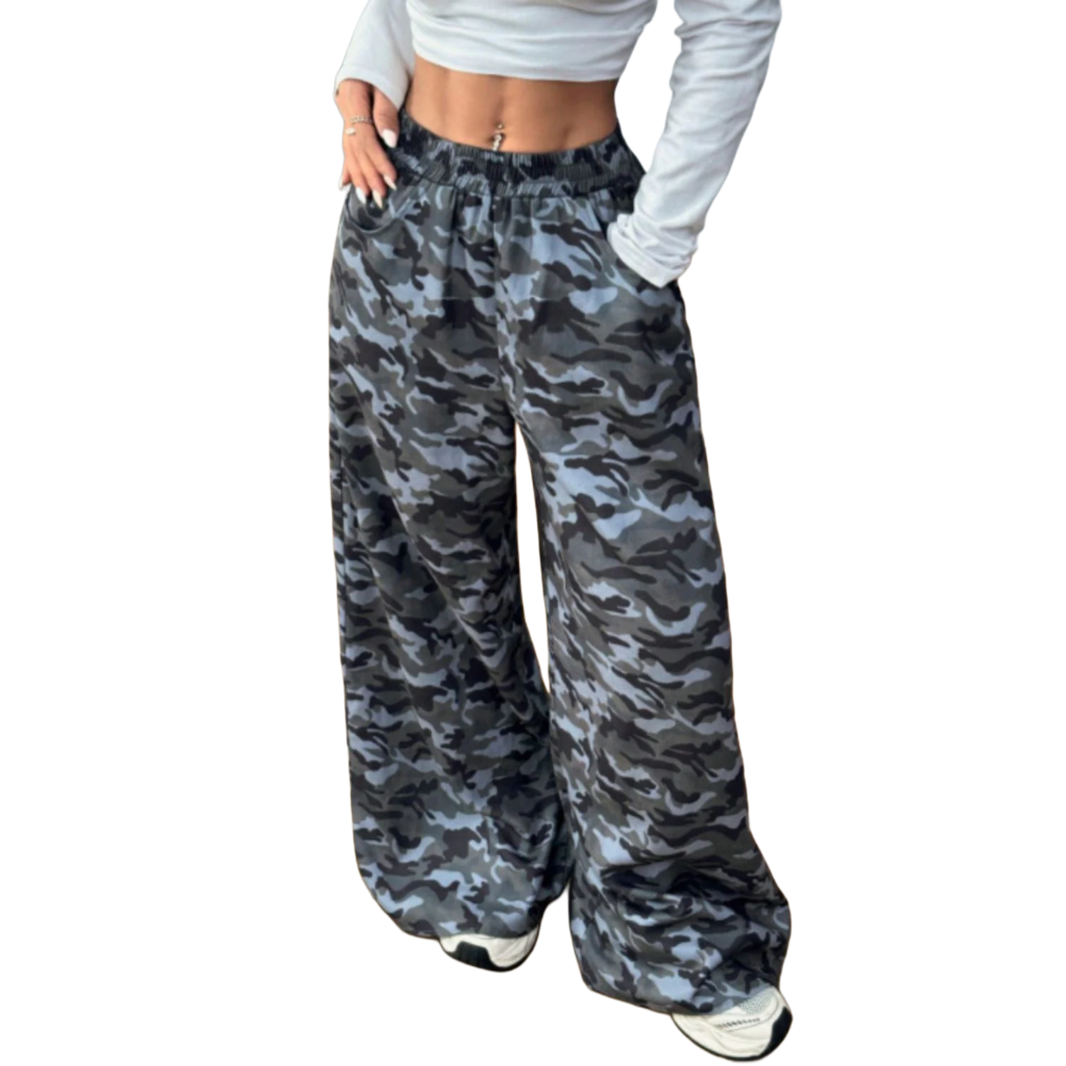 Camouflage Elastic Waist Wide Leg Pants