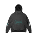 Dark gray hoodie with teal running figures in an oval on the chest and teal designs on the sleeves.