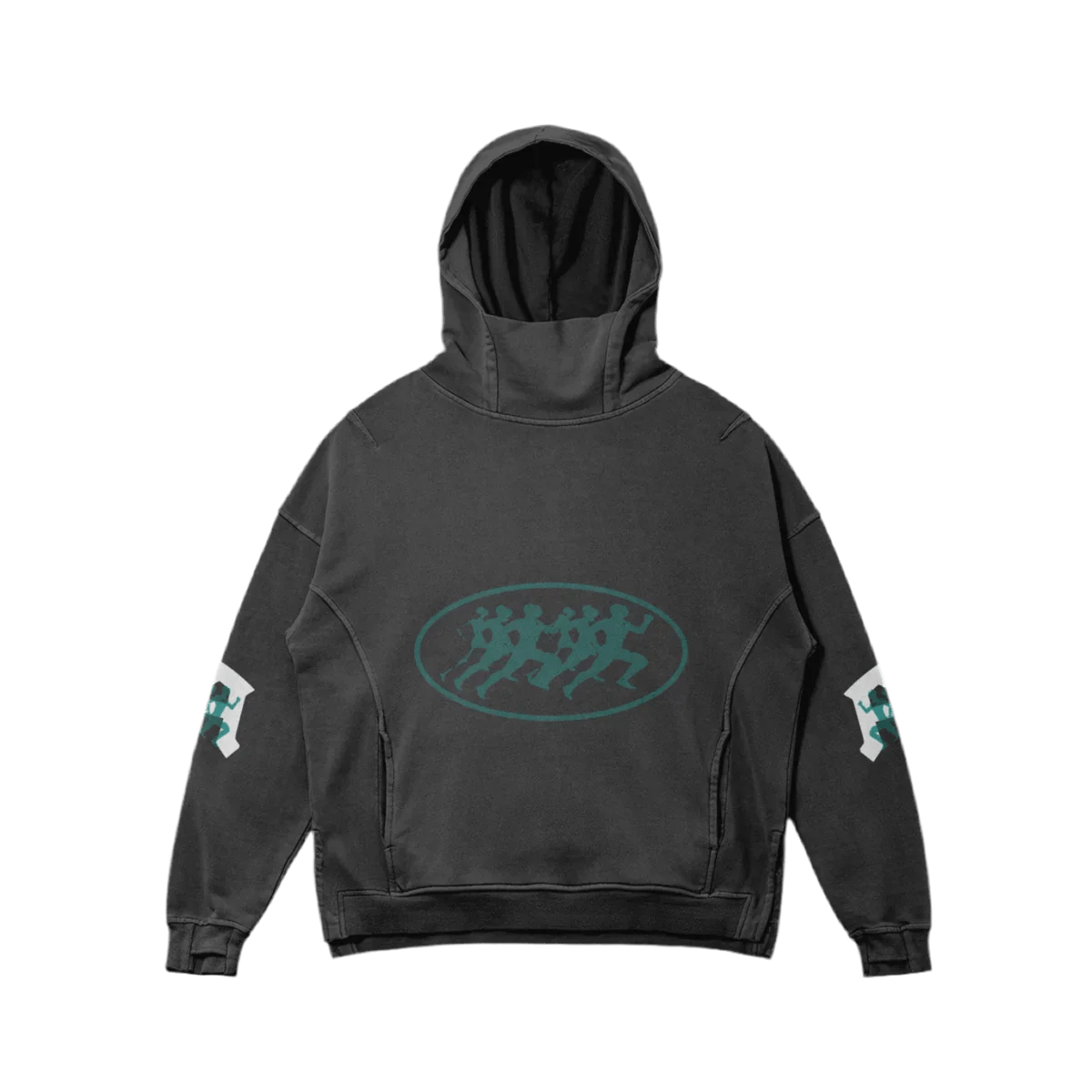 Dark gray hoodie with teal running figures in an oval on the chest and teal designs on the sleeves.