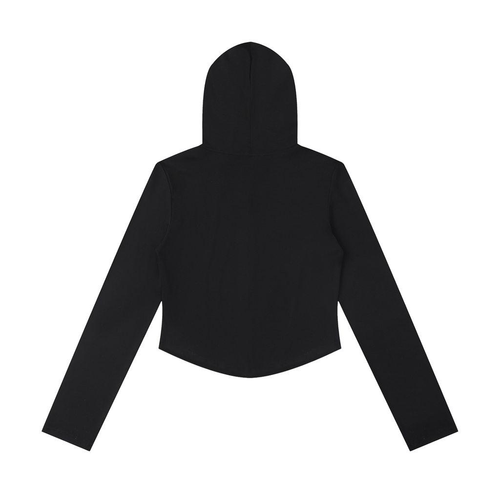 Black hoodie with long sleeves and a hood, viewed from the back against a white background.
