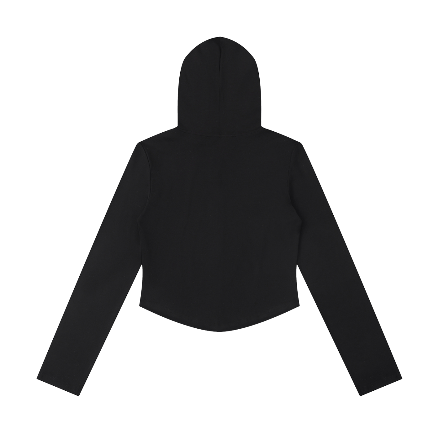 Black hoodie with long sleeves and a hood, viewed from the back against a white background.