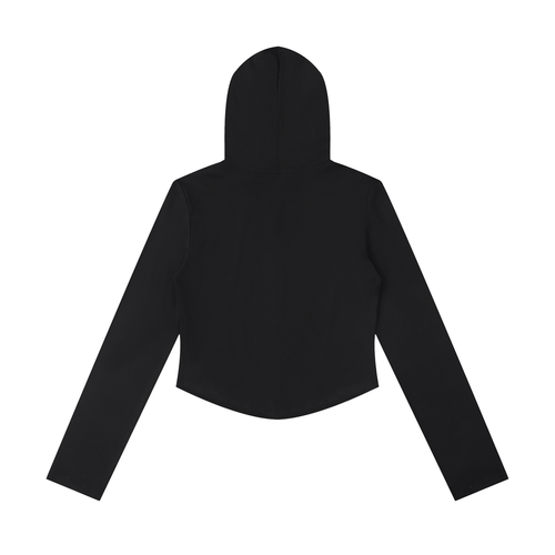 Black hoodie with long sleeves and a hood, viewed from the back against a white background.