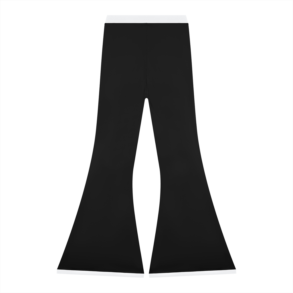 Black flared pants with a white waistband, set against a plain white background.