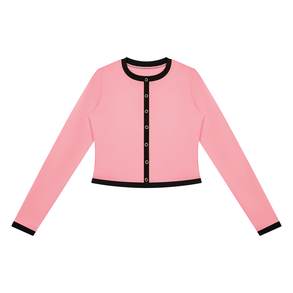 Pink long-sleeve cardigan with black trim and front buttons, set on a white background.