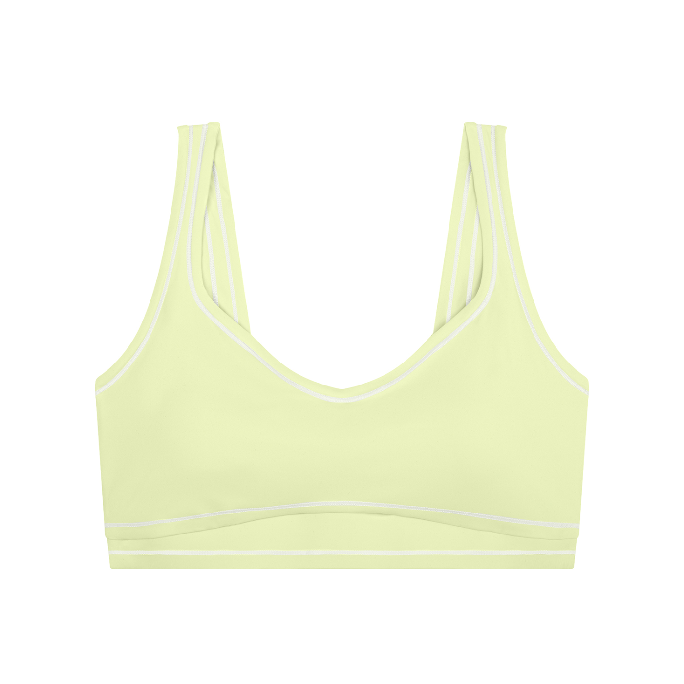 Light yellow sports bra with double shoulder straps and a scoop neckline.