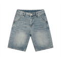 Light blue denim shorts with front pockets and a faded texture.