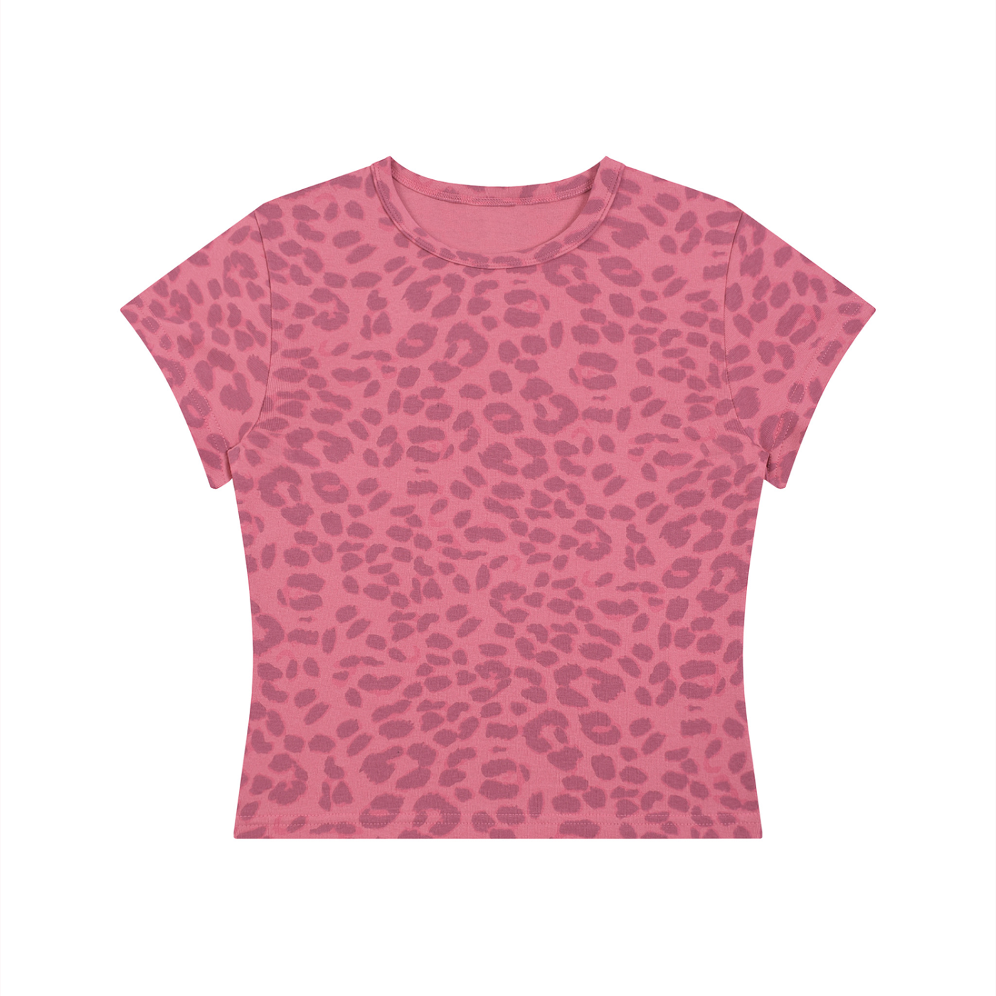 Pink leopard print t-shirt with short sleeves and a round neckline.