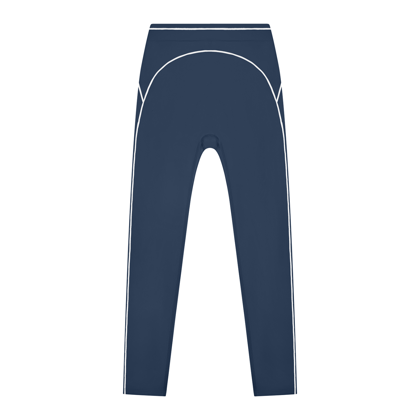Dark blue leggings with white piping details on the sides and around the waist.
