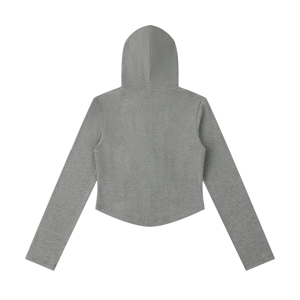 Gray cropped hoodie with long sleeves, laid flat, showing the back and hood.