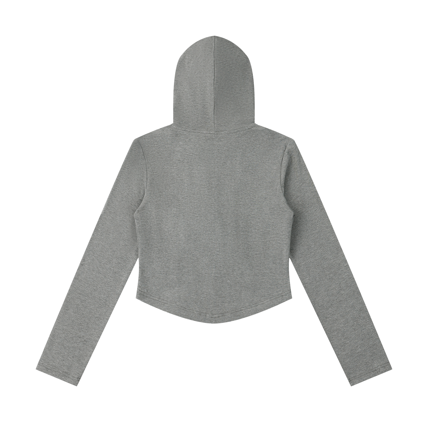Gray cropped hoodie with long sleeves, laid flat, showing the back and hood.