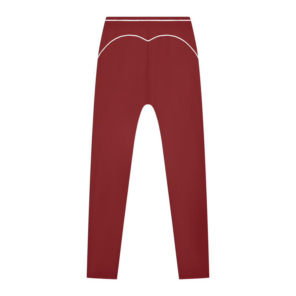 Maroon leggings with white trim along waistband and hip curves, viewed from the back.