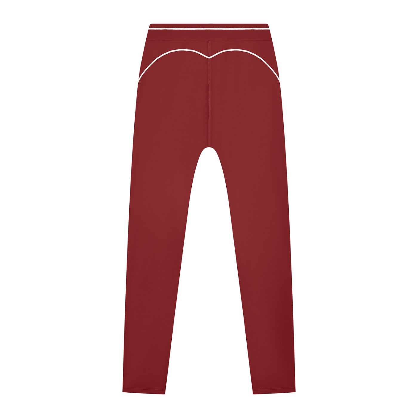 Maroon leggings with white trim along waistband and hip curves, viewed from the back.