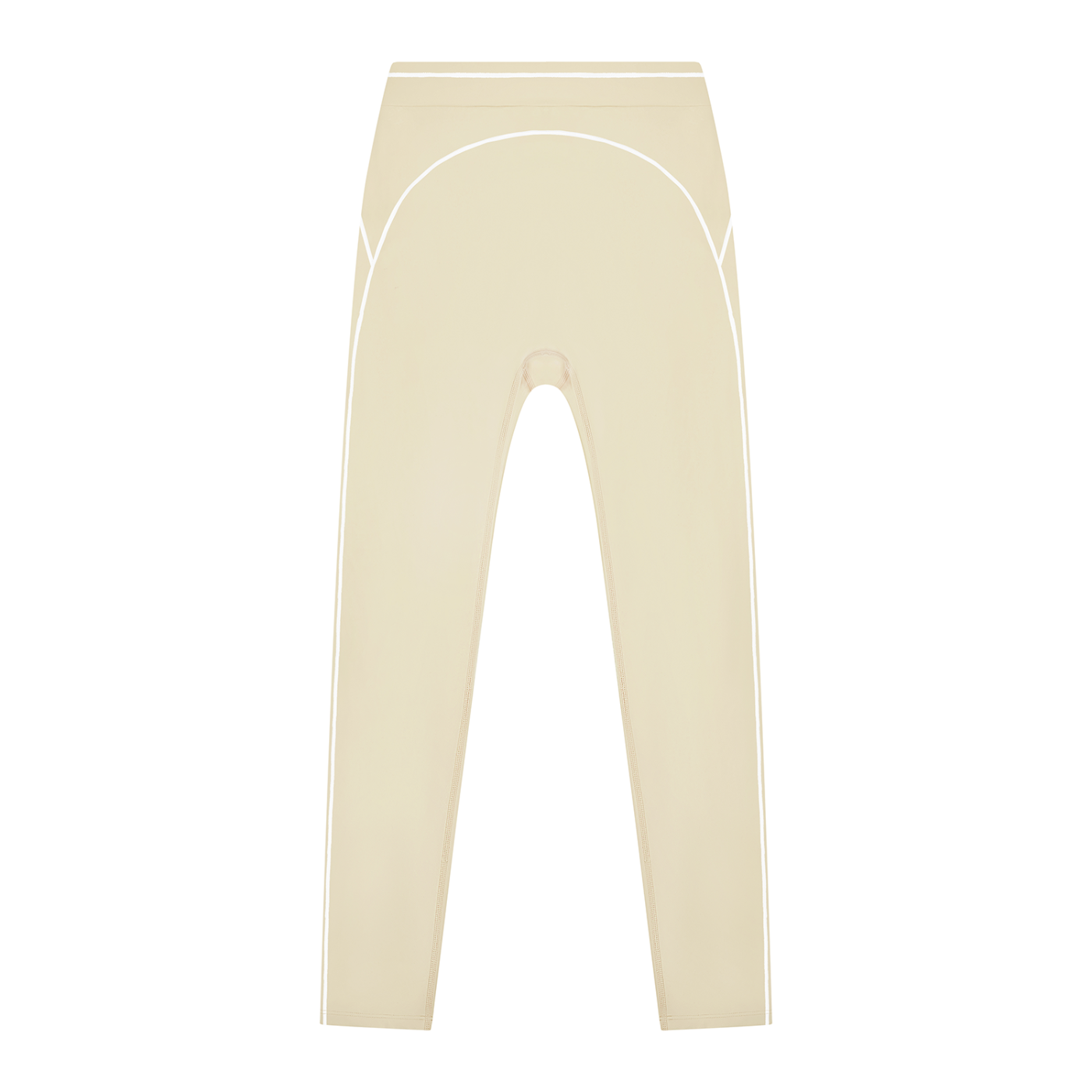 Beige leggings with white piping, high-waisted design, and seamless finish.