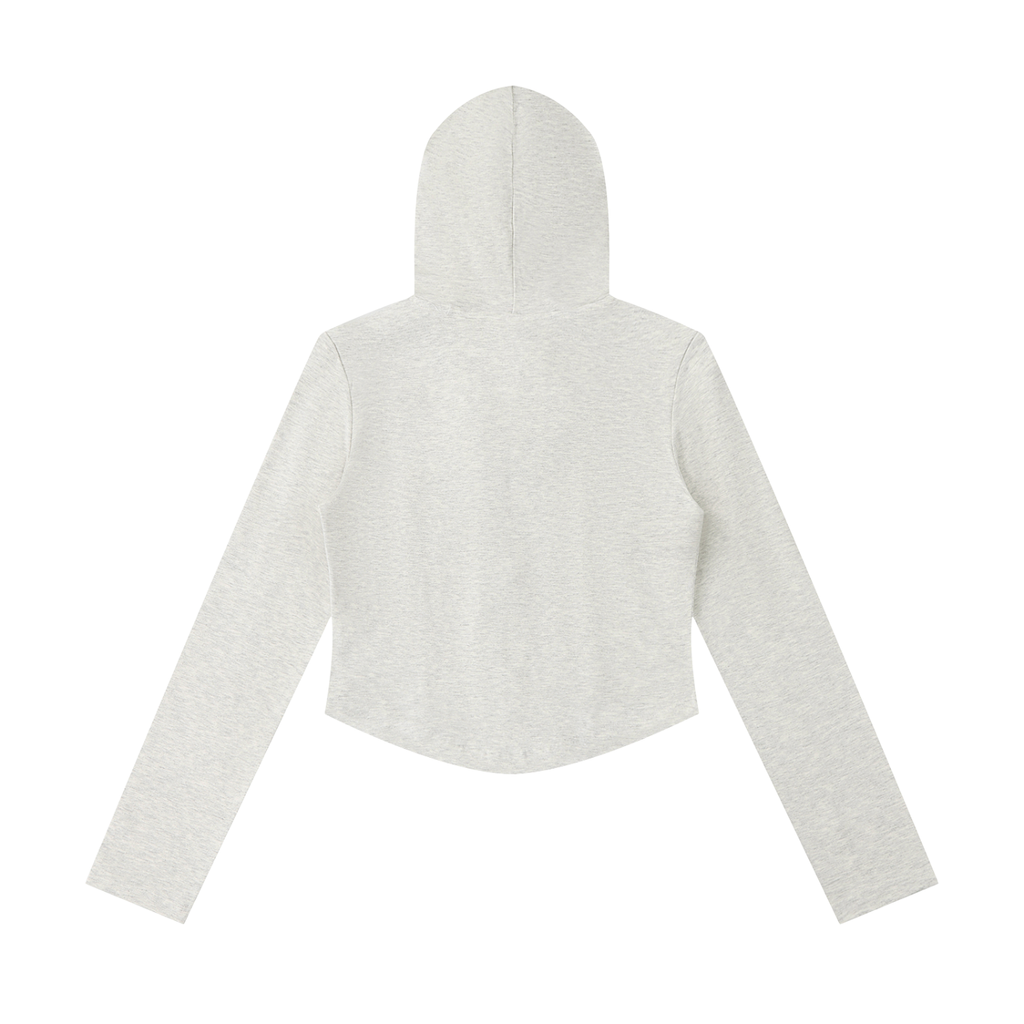 Gray hooded sweatshirt with long sleeves, shown from the back on a white background.