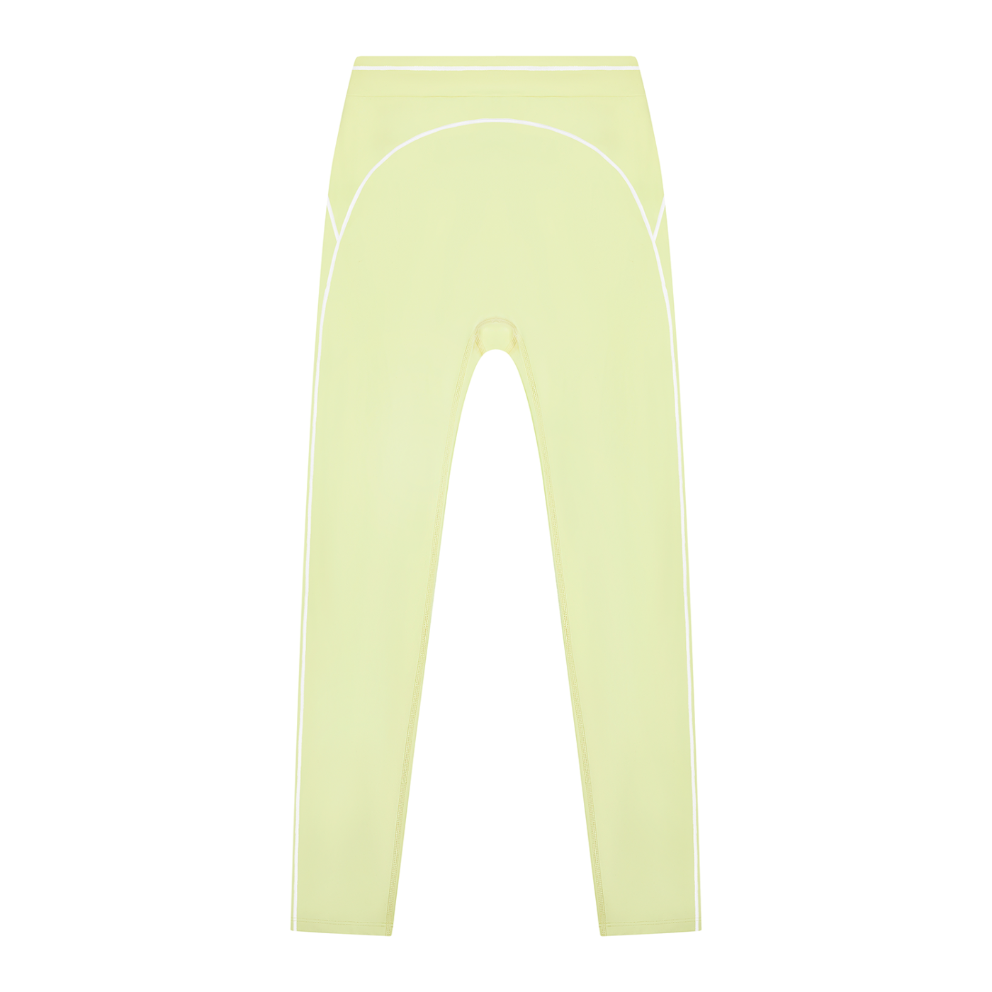 Pale yellow leggings with white piping, high waist, and sleek, seamless design.