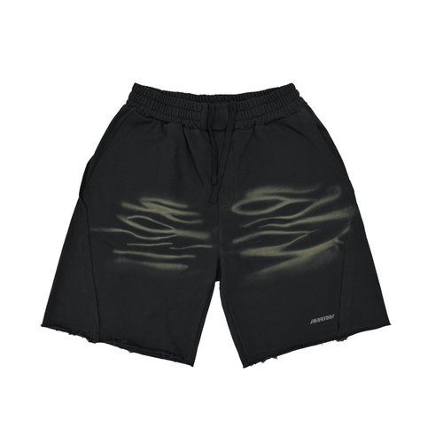 Black shorts with wavy light patterns, elastic waistband, and frayed hem.