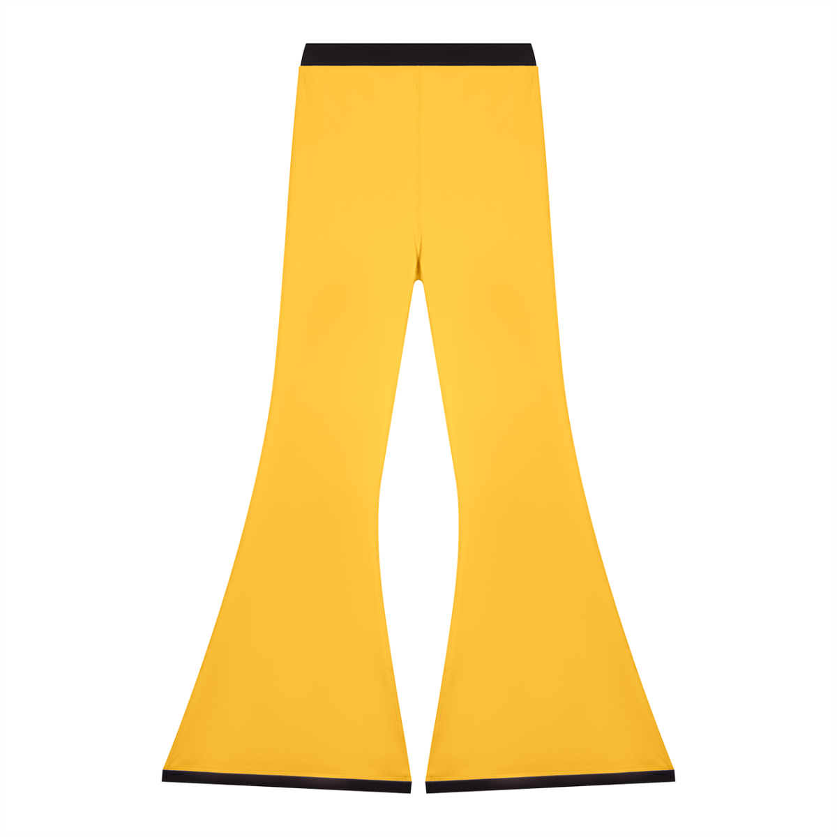 Yellow flared pants with black waistband and hemline, set against a white background.