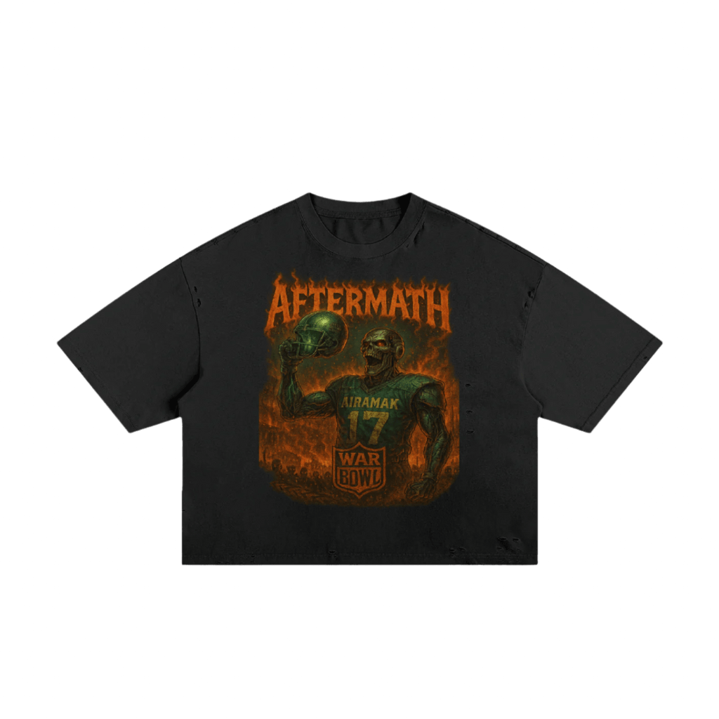 Black T-shirt featuring a fiery skeleton warrior with a helmet, labeled "AFTERMATH" in bold orange.