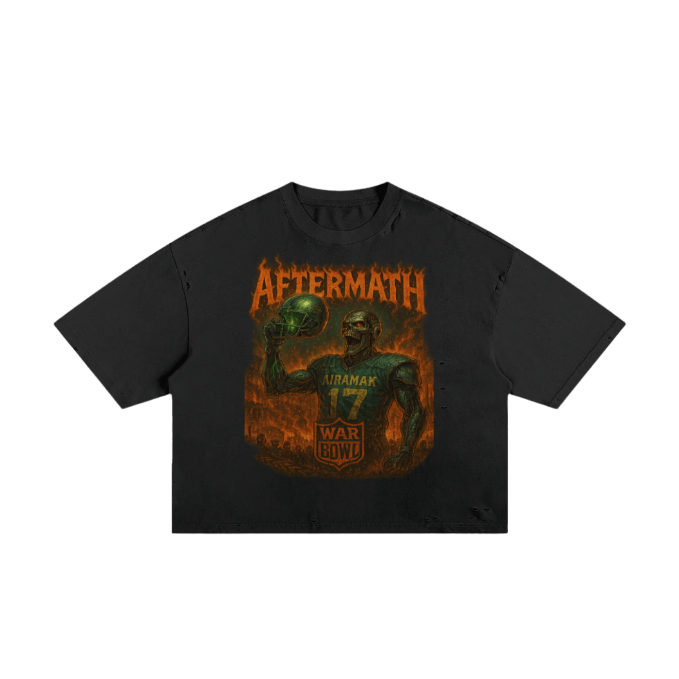 Black T-shirt featuring a fiery skeleton warrior with a helmet, labeled "AFTERMATH" in bold orange.