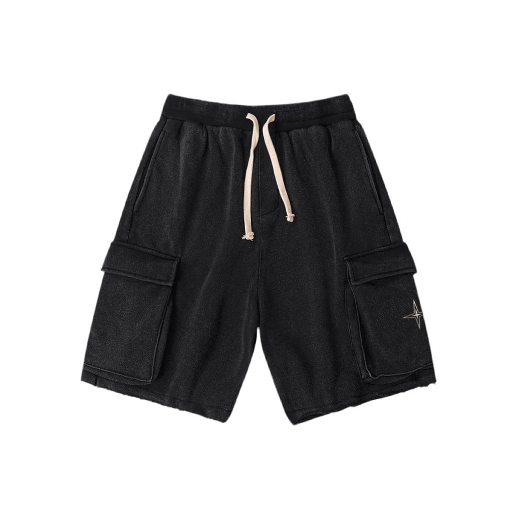 Black cargo shorts with beige drawstring and side pockets, featuring a subtle star design.