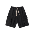 Black cargo shorts with beige drawstring and side pockets, featuring a subtle star design.