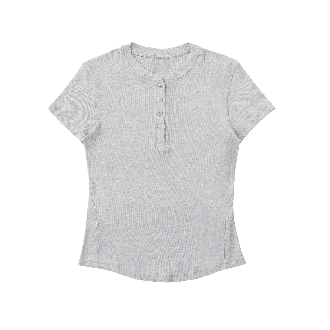 Light gray short-sleeve henley shirt with five buttons, crew neckline.