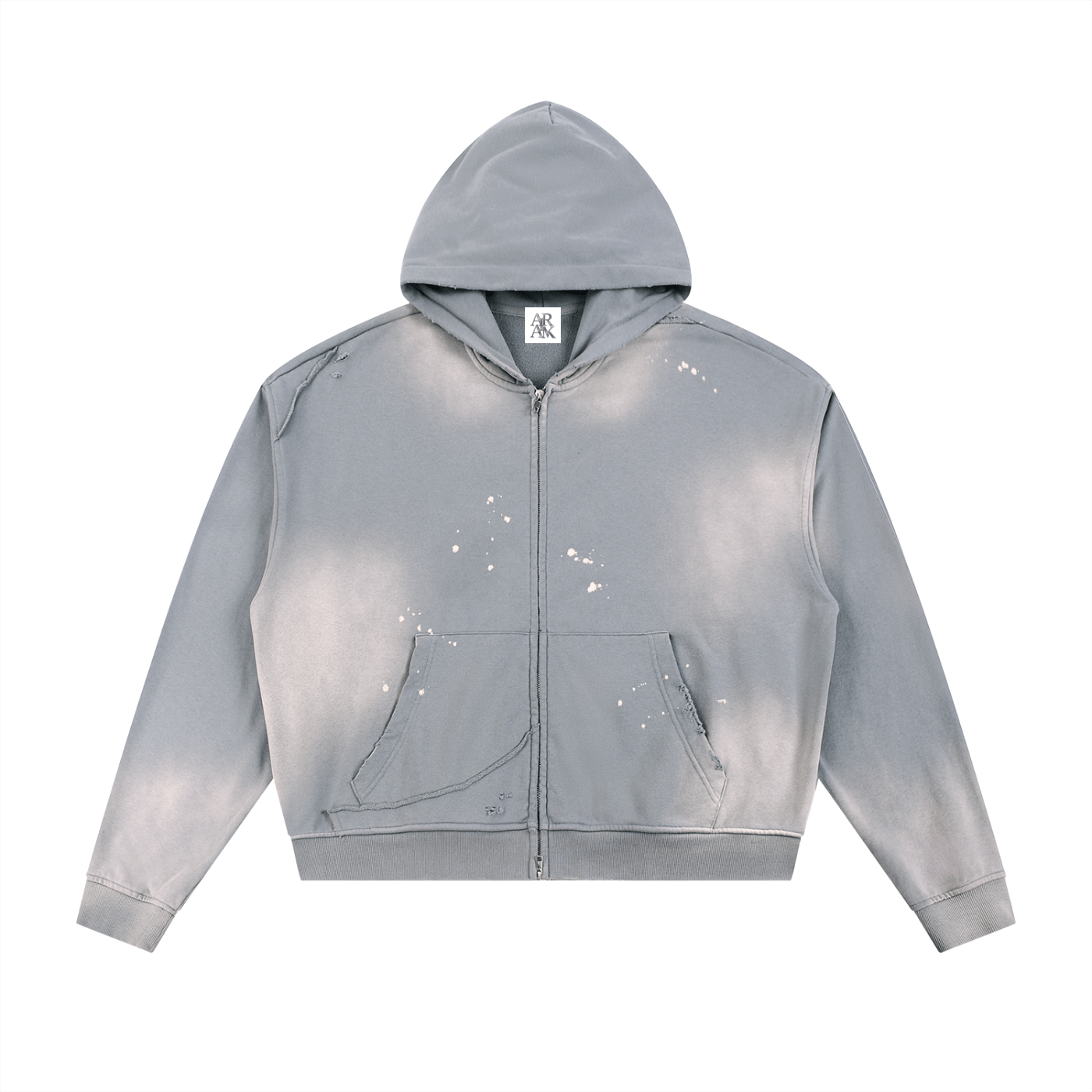 Gray hooded sweatshirt with white paint splatters, front pockets, and a zipper.