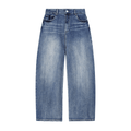 Wide-leg blue jeans with a faded wash, five pockets, and button closure.