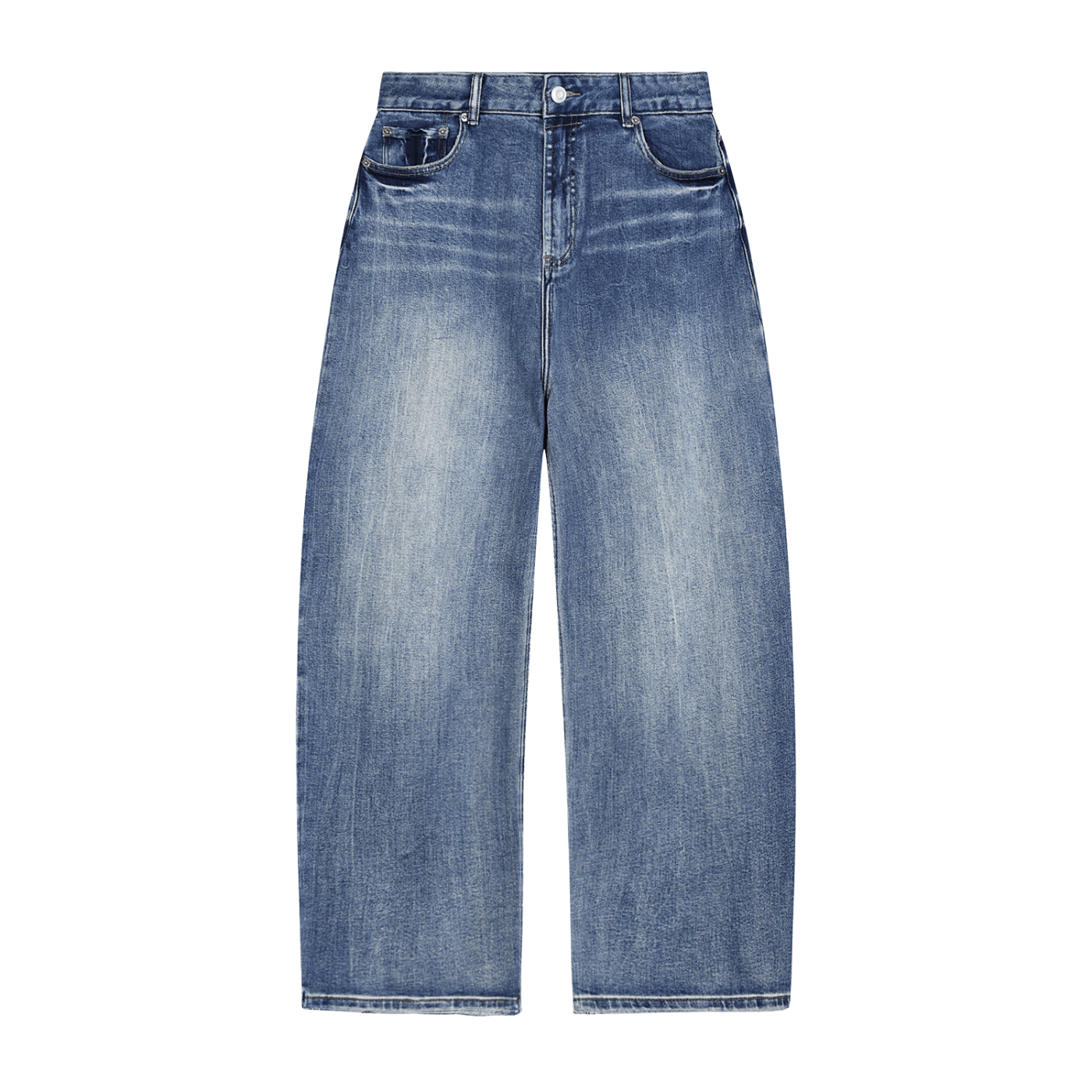 Wide-leg blue jeans with a faded wash, five pockets, and button closure.