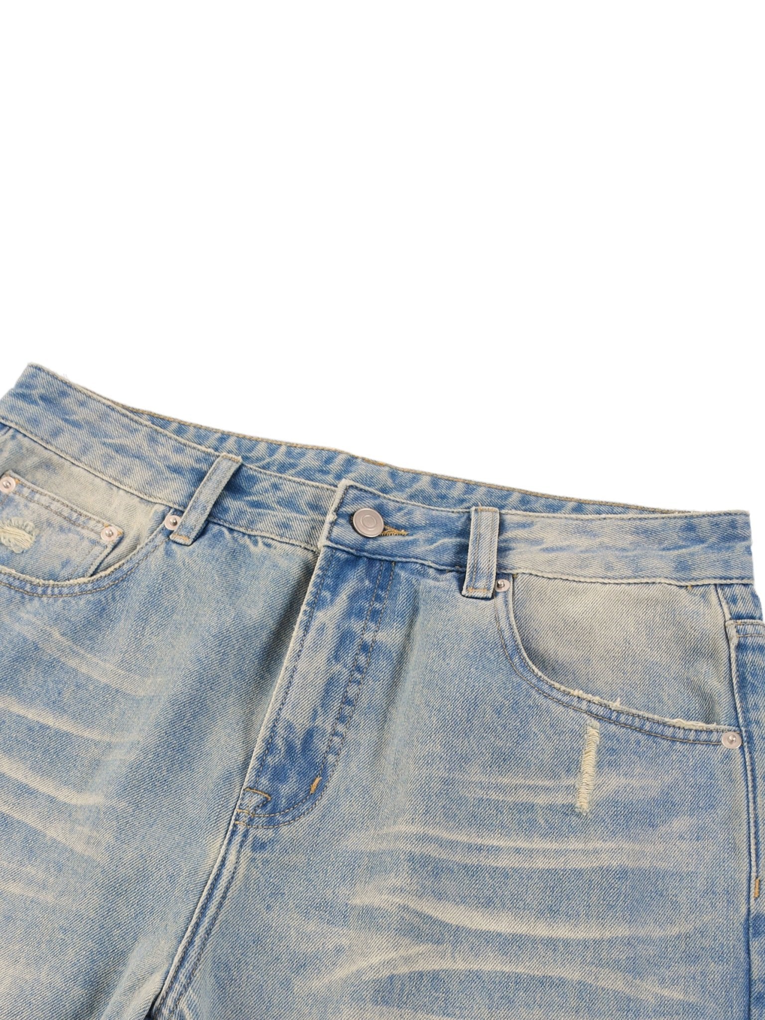 Light blue denim jeans with faded patterns, front pockets, and a button closure.