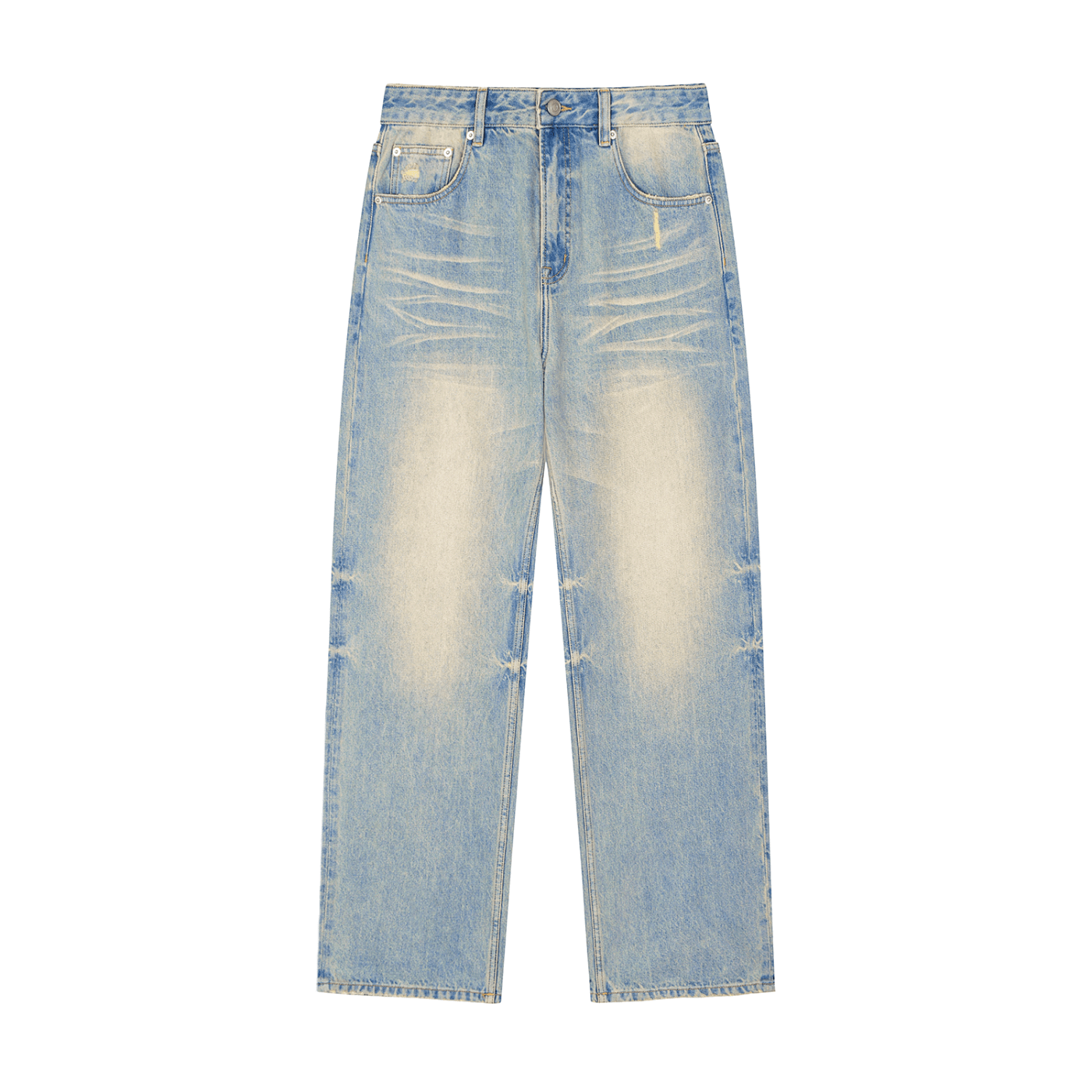 Light blue jeans with a high waist, faded effect, and straight leg cut.