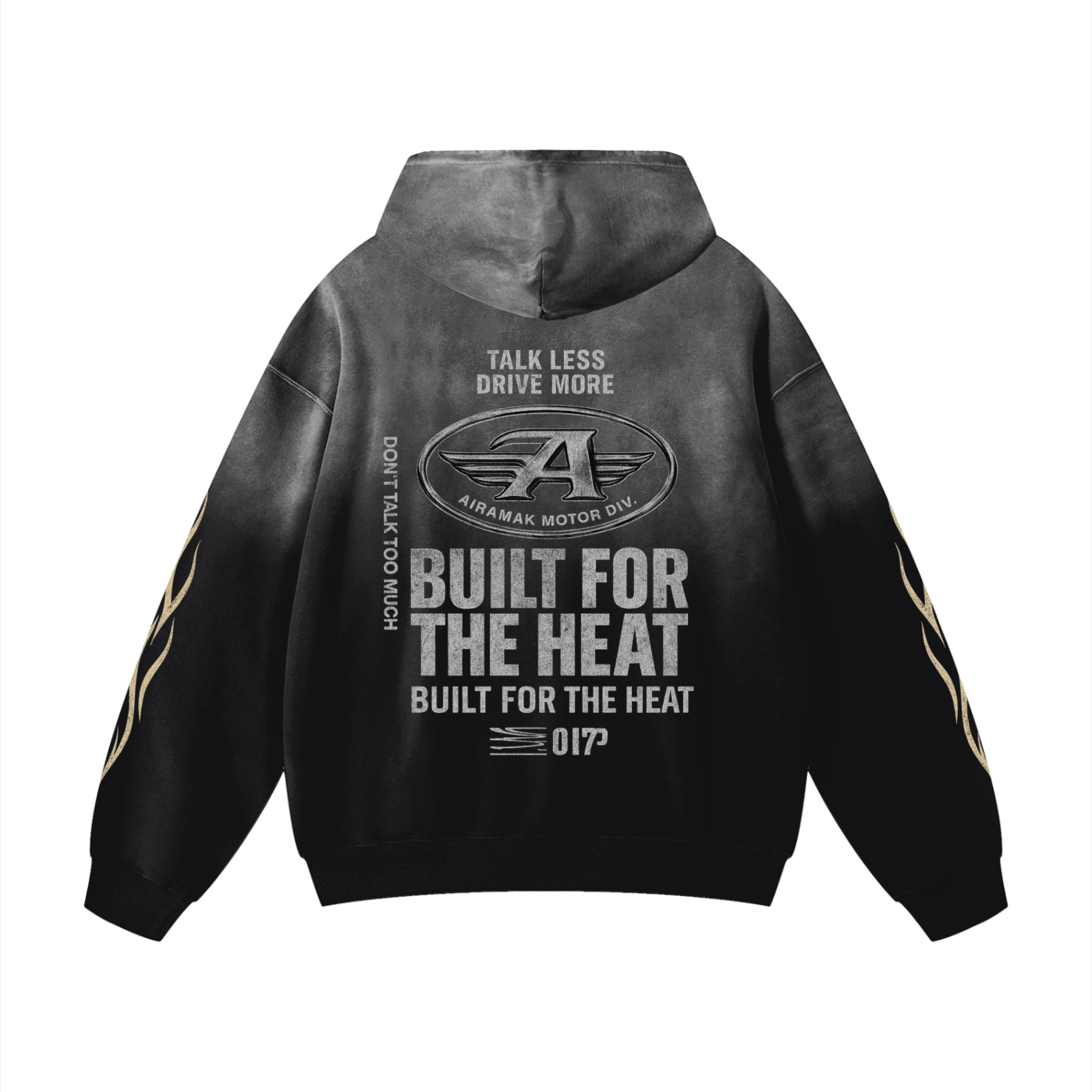 Black hoodie with gray gradient, flame designs on sleeves, and bold white text: "Built for the Heat."