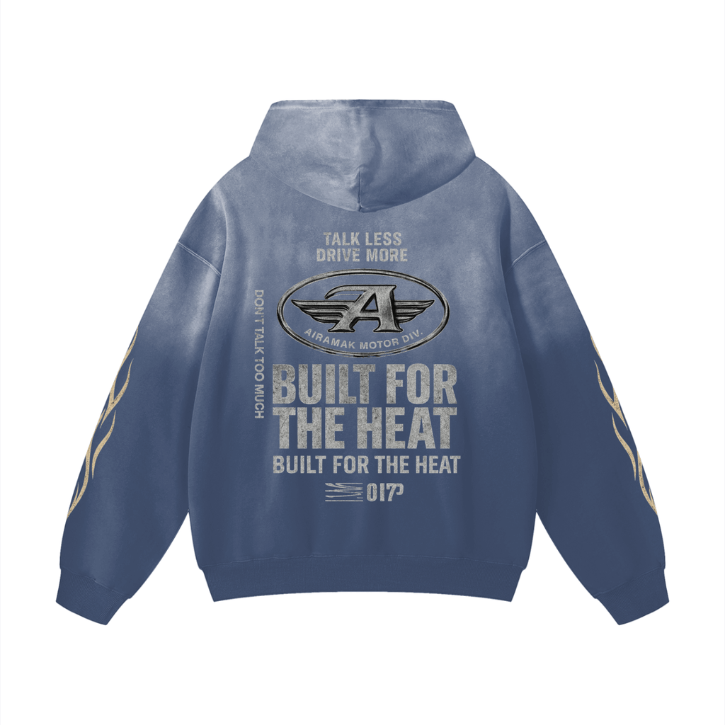Blue hoodie with silver text and logo, "Built for the Heat," flame design on sleeves.