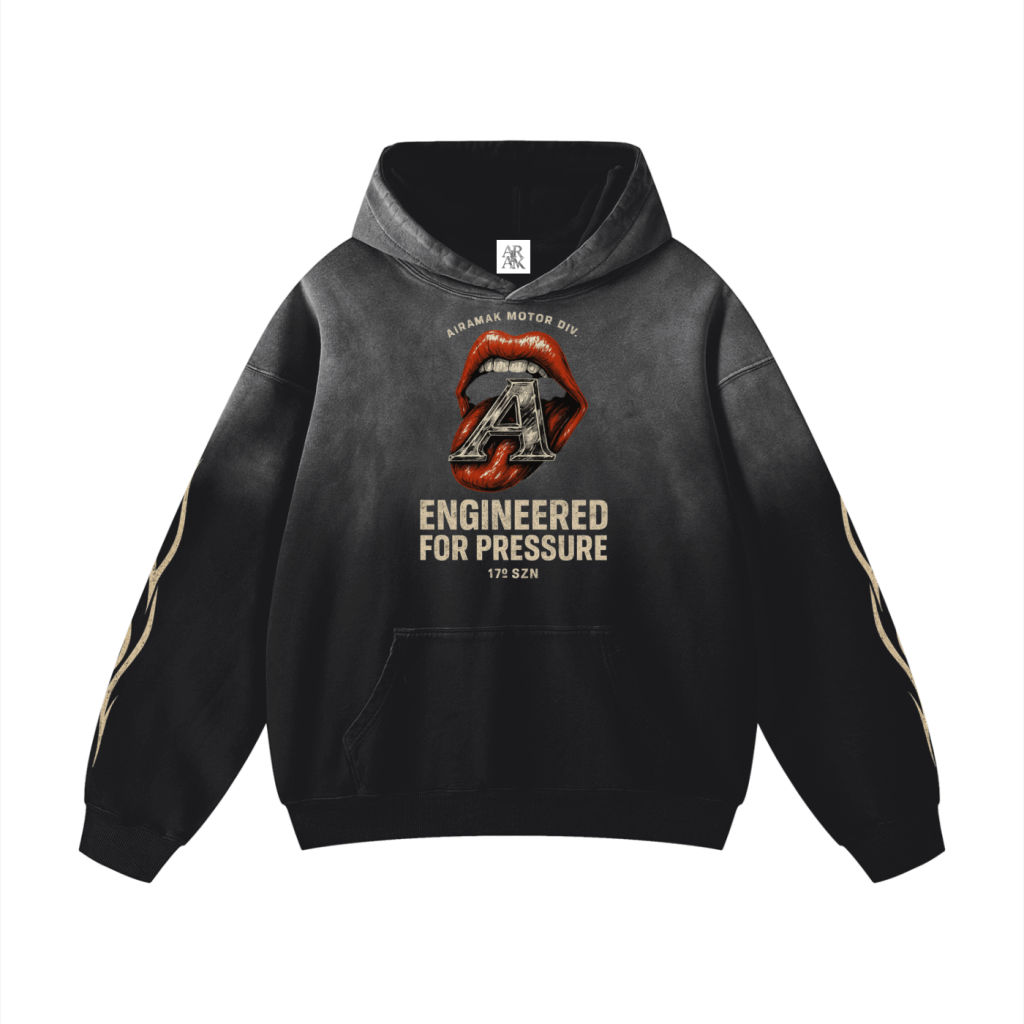 Black hoodie with a bold graphic of red lips and a metallic "A", text reads "Engineered for Pressure".