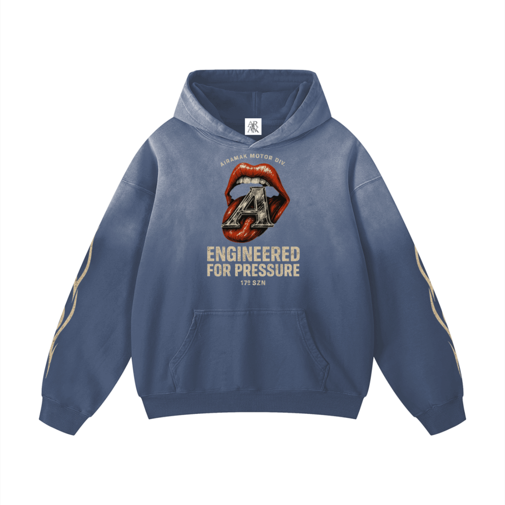 Blue hoodie with a bold graphic of lips and letter "A," text reads "Engineered for Pressure."