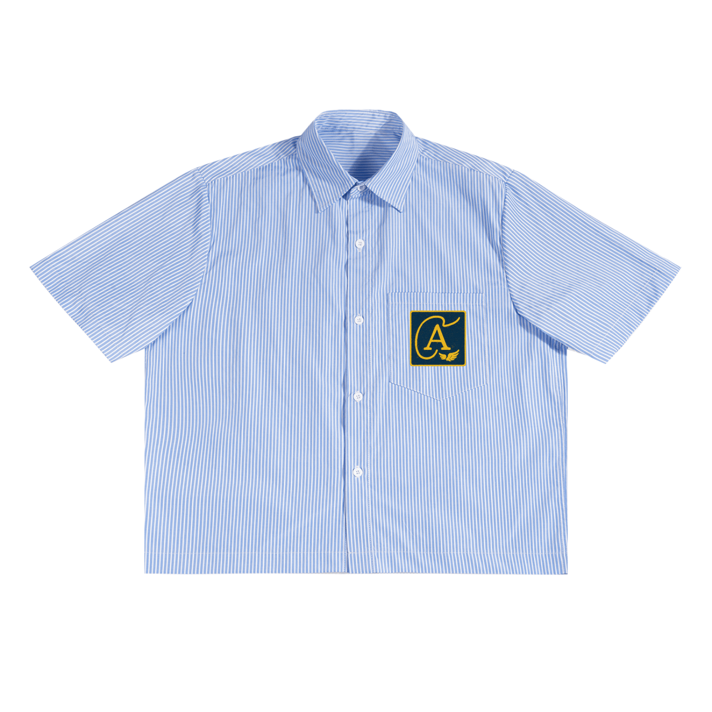 Blue and white striped short-sleeve shirt with a yellow "A" logo on the pocket.