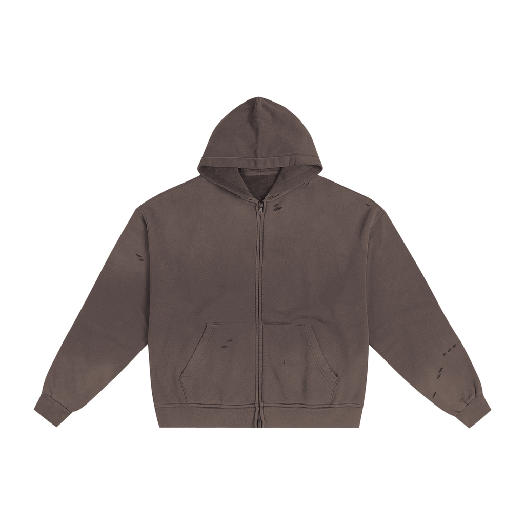 Brown zip-up hoodie with a hood, front pockets, and distressed details on sleeves and body.