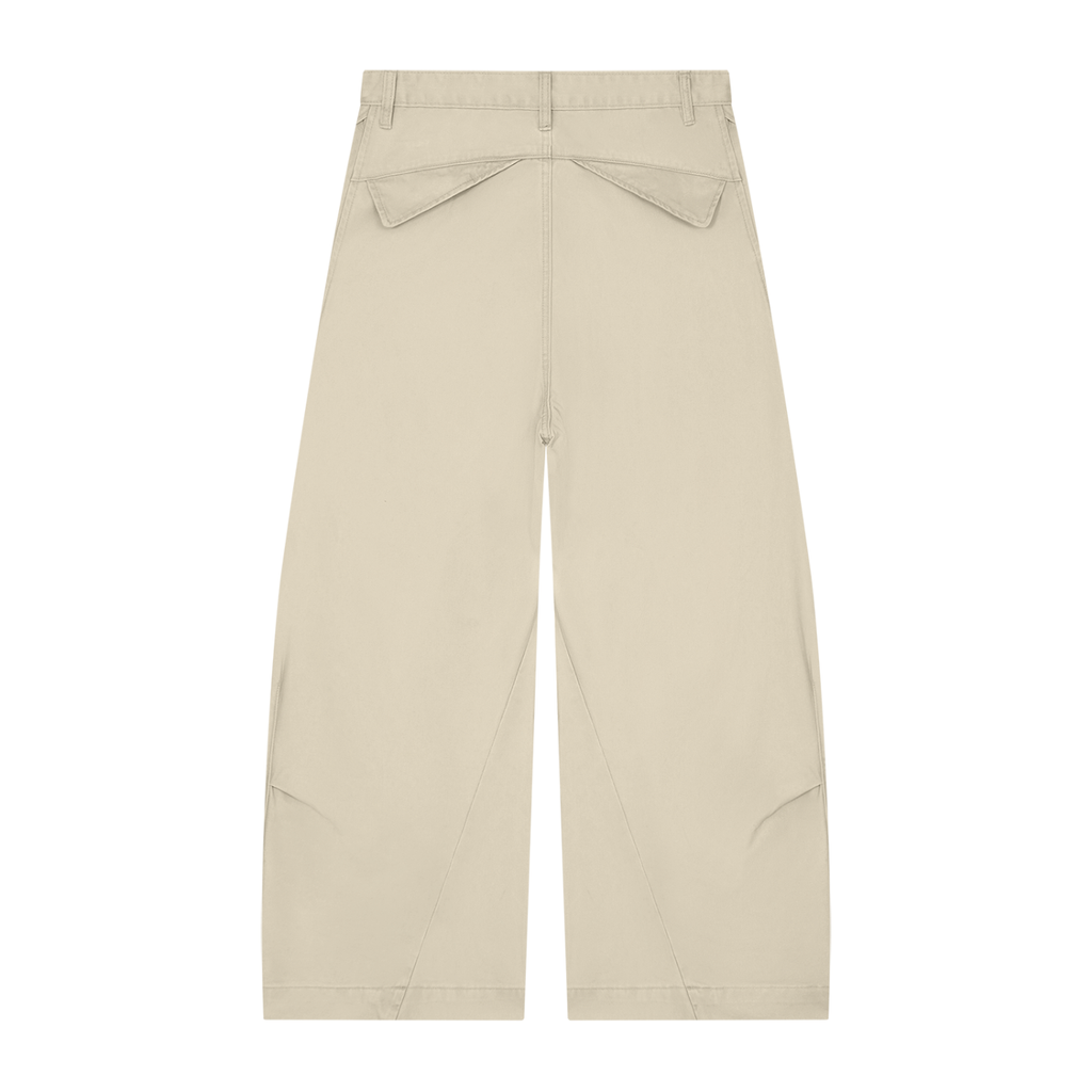 Beige wide-leg trousers with rear pockets and belt loops, shown from the back.