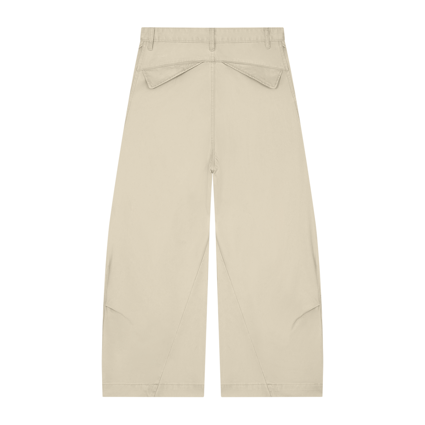 Beige wide-leg trousers with rear pockets and belt loops, shown from the back.