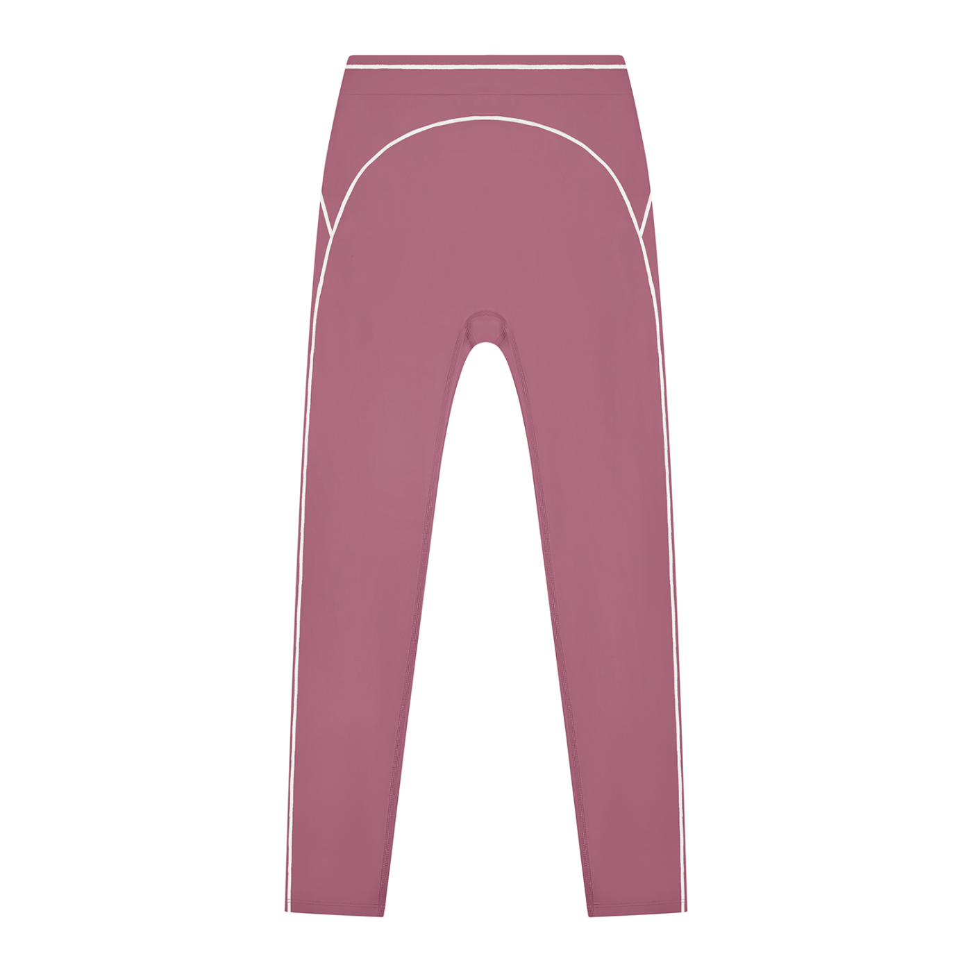 Pink leggings with white curved lines and stitching details on a white background.