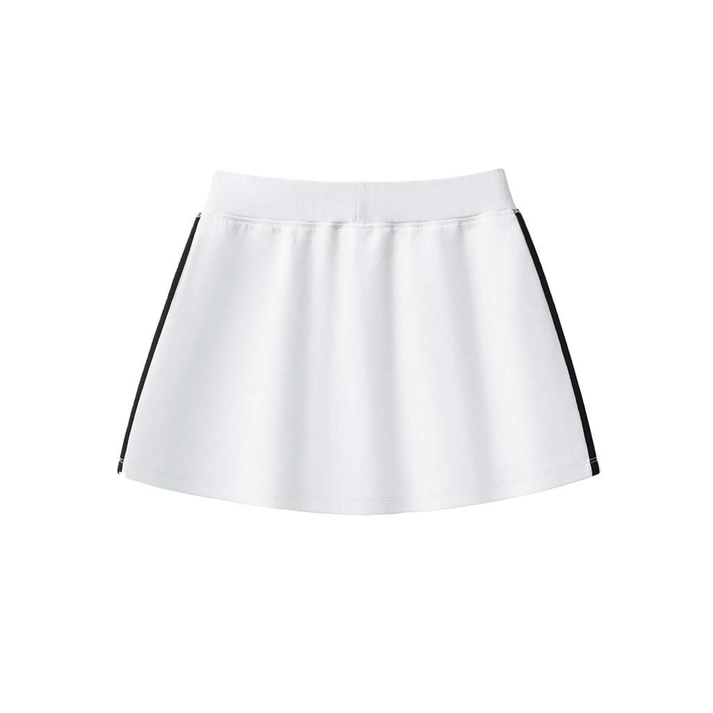 White skirt with black side stripes, A-line shape, and elastic waistband.