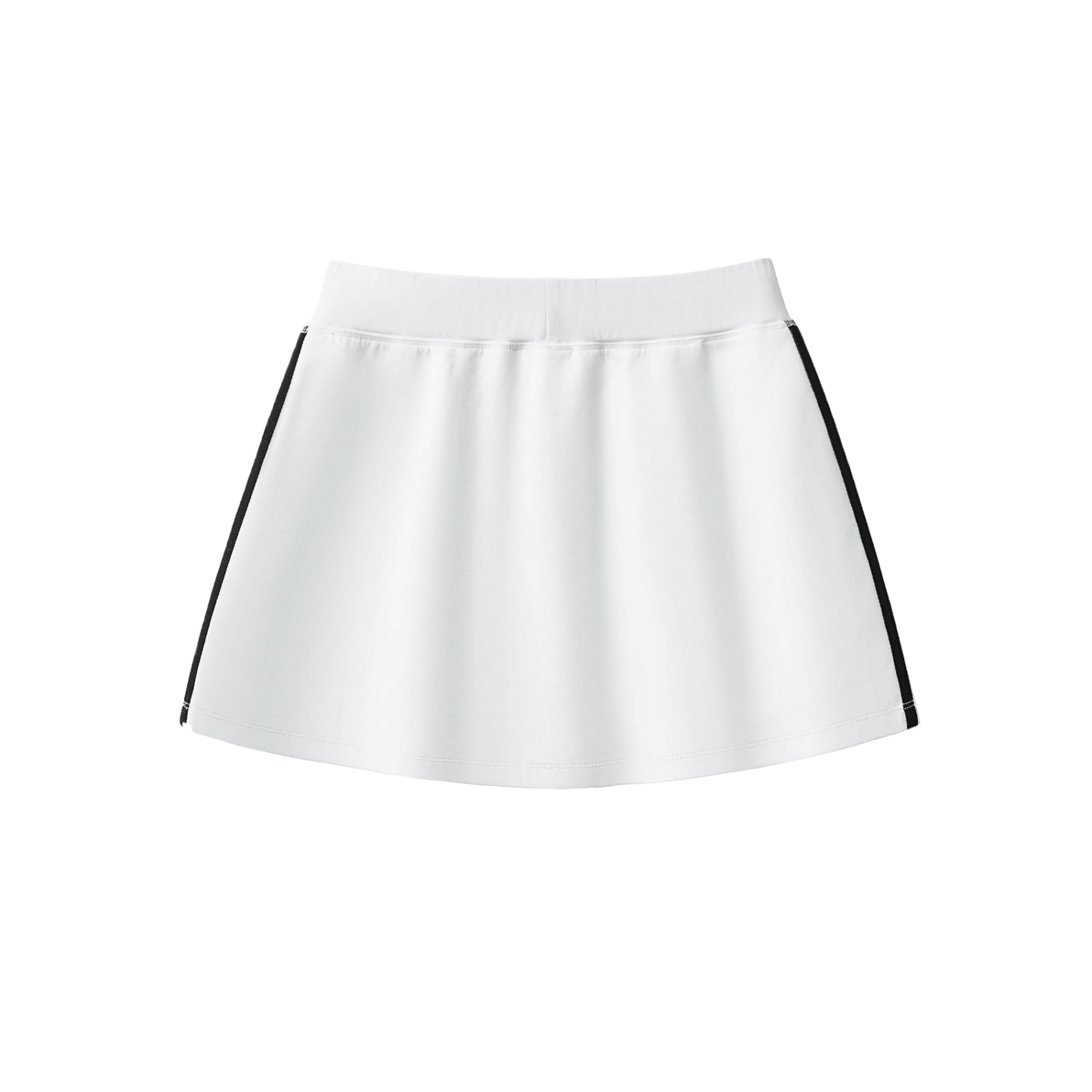 White skirt with black side stripes, A-line shape, and elastic waistband.